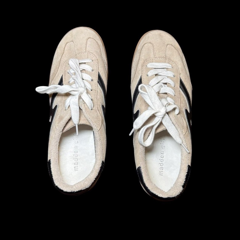 Madden Girl Beige and Black Suede Sneakers